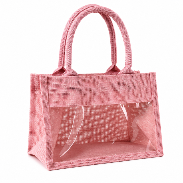 Clear Window Jute Tote Bag With Burlap Body And PVC Panel