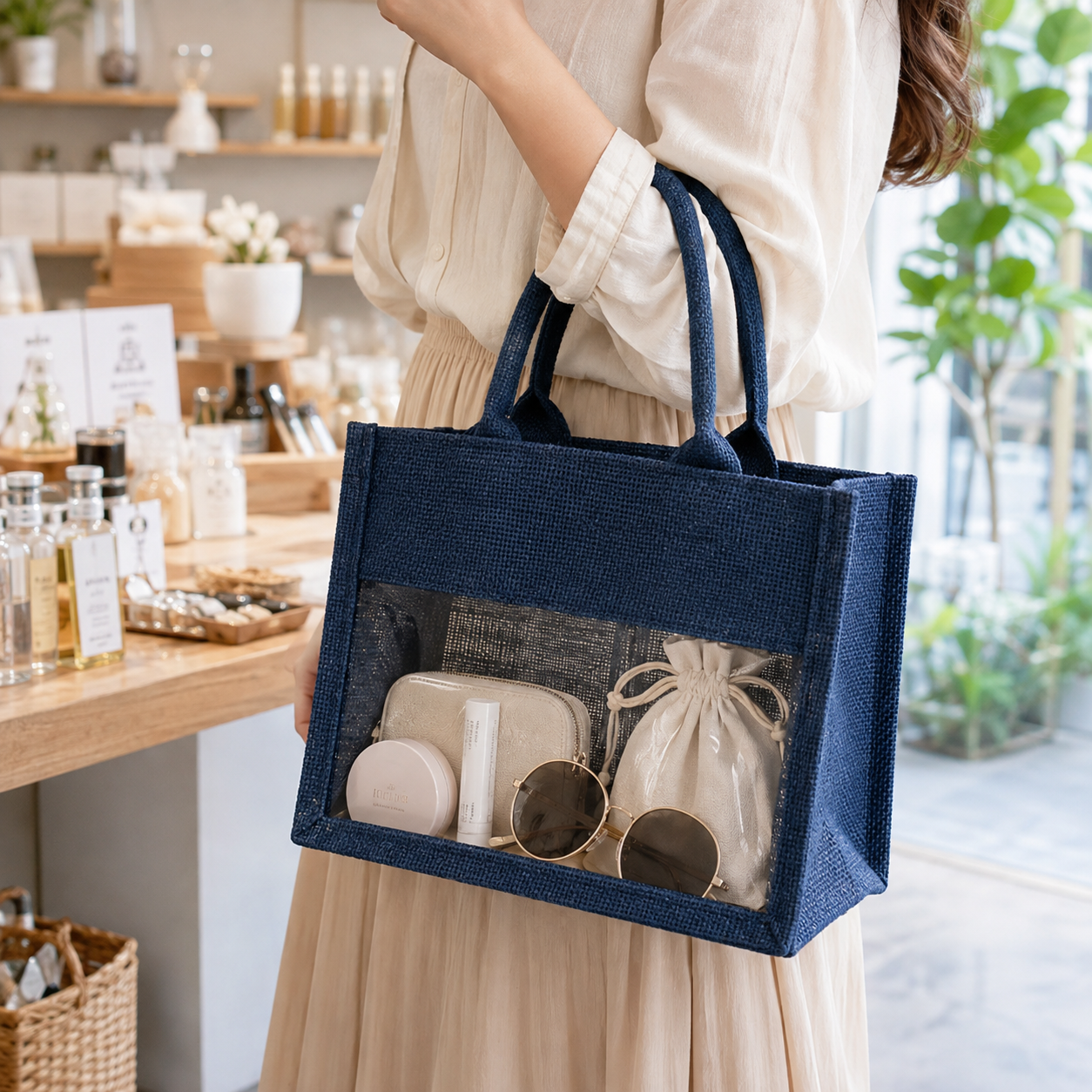 Clear Window Jute Tote Bag With Burlap Body And PVC Panel