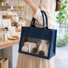 Clear Window Jute Tote Bag With Burlap Body And PVC Panel