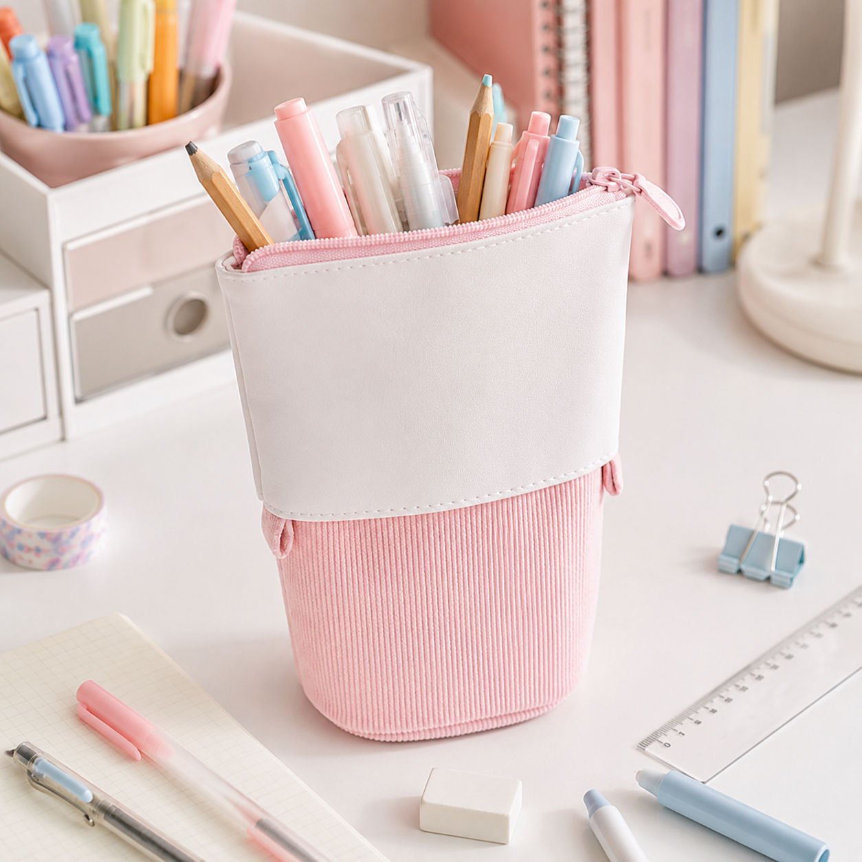 Corduroy Telescopic Pencil Case With Upright Stand Design