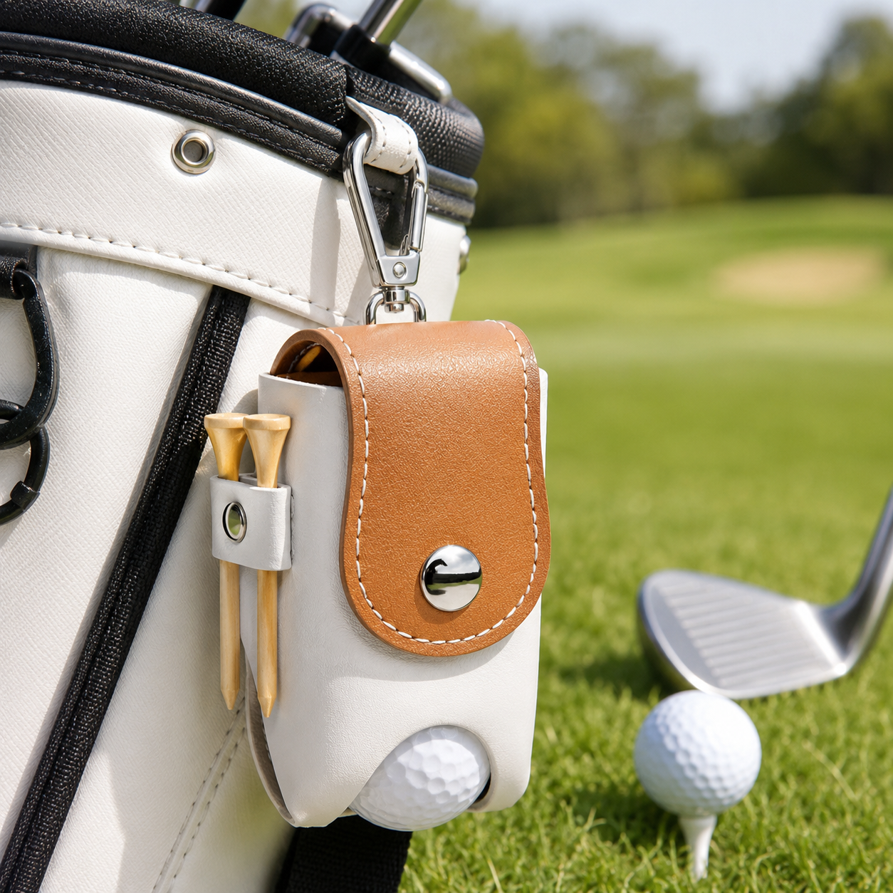 Durable PU Leather Golf Ball Bag With Carabiner Hook