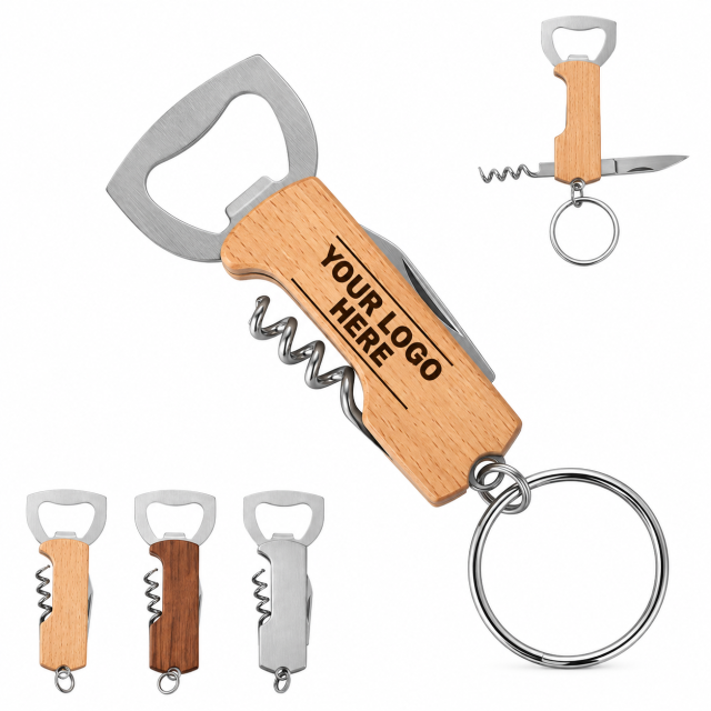 Wood Handle 3-In-1 Bottle Opener Corkscrew Keychain