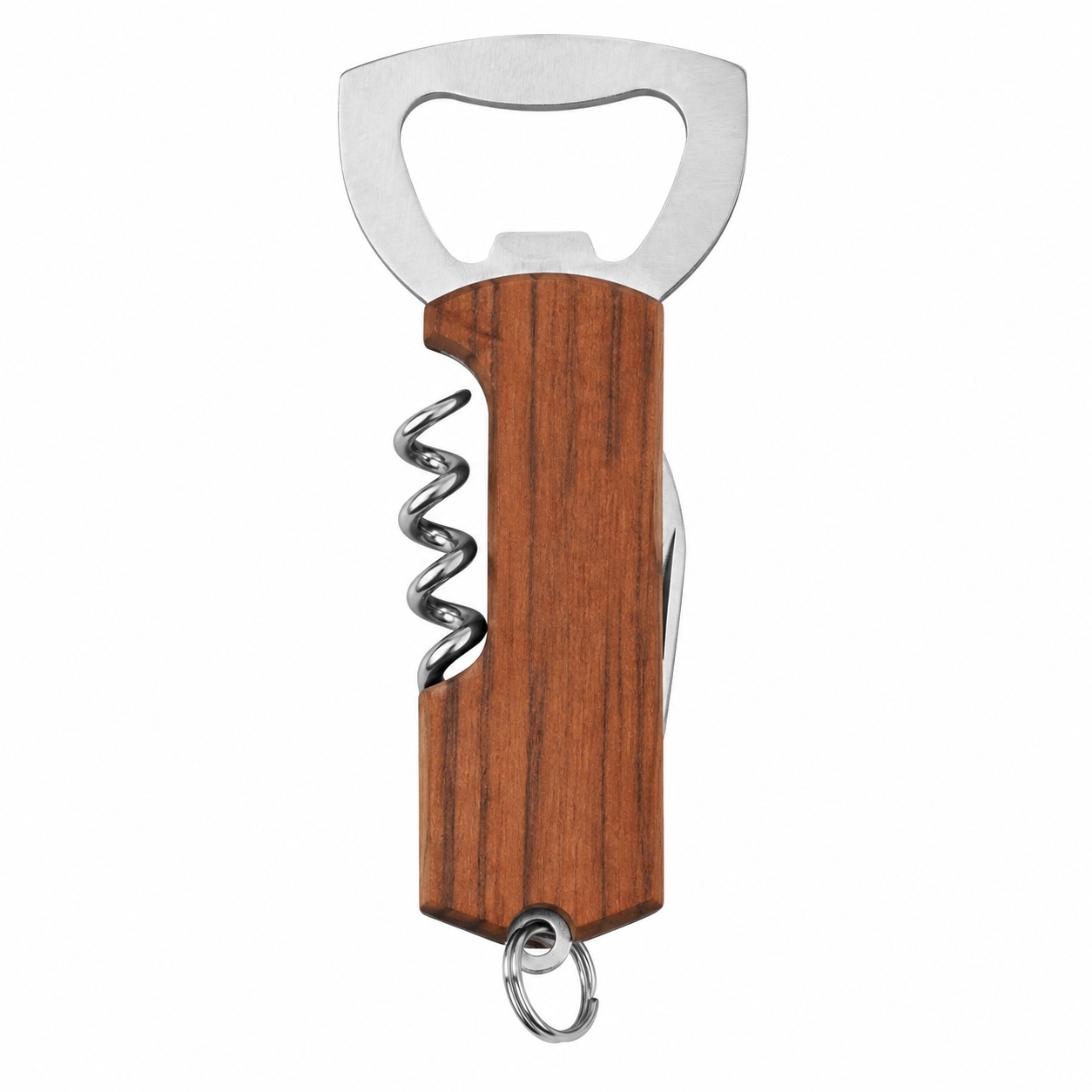 Wood Handle 3-In-1 Bottle Opener Corkscrew Keychain