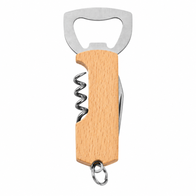 Wood Handle 3-In-1 Bottle Opener Corkscrew Keychain