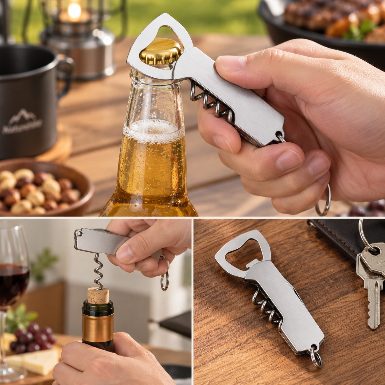 Wood Handle 3-In-1 Bottle Opener Corkscrew Keychain
