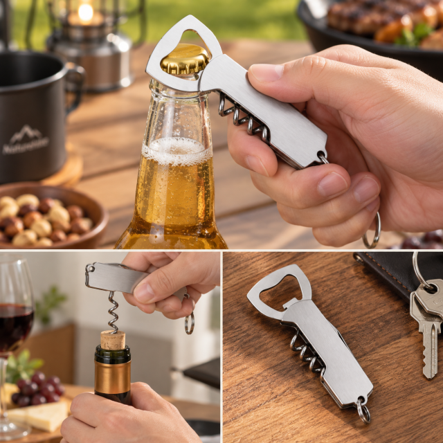 Wood Handle 3-In-1 Bottle Opener Corkscrew Keychain