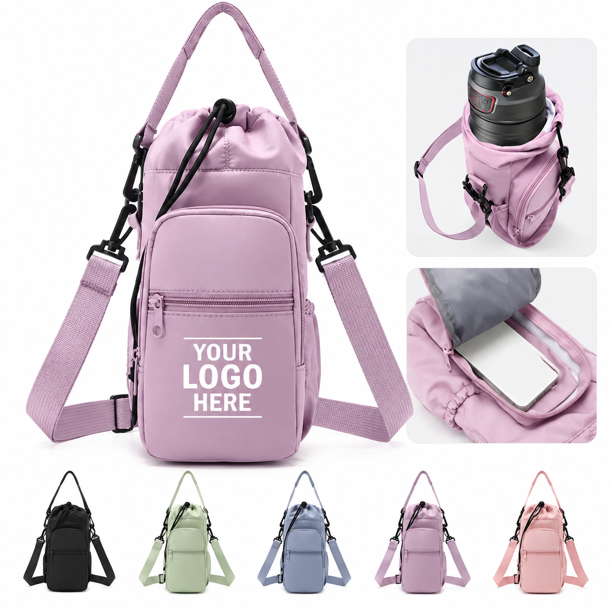 Adjustable Water Bottle Sling Bag with Front Zip Pocket