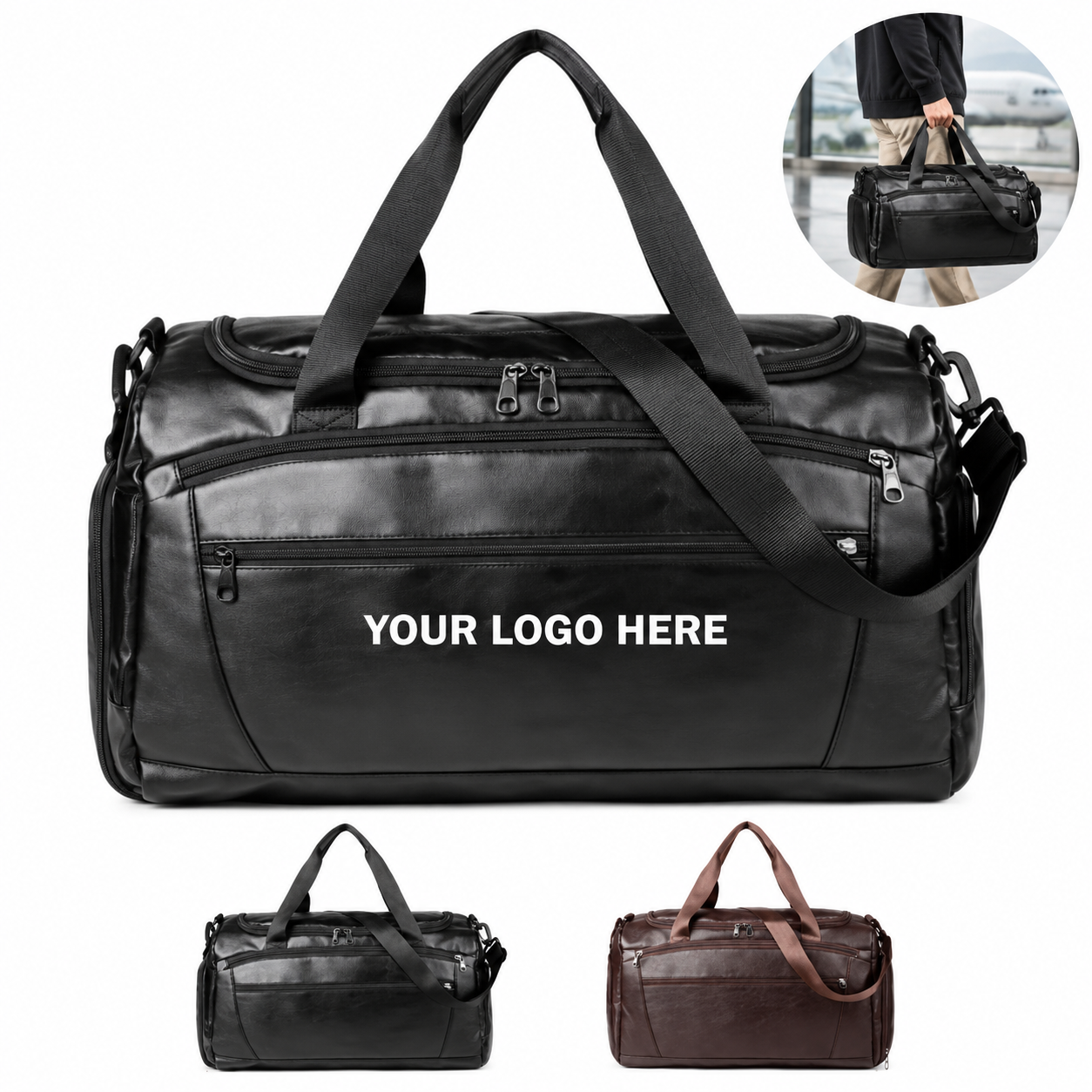 Faux Leather Travel Duffle Bag With Shoe Compartment