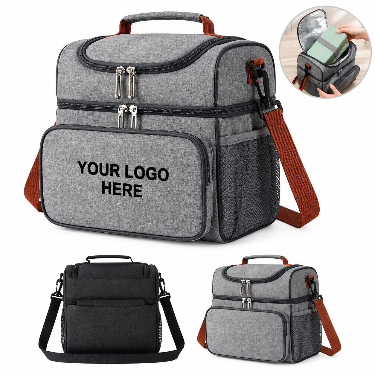 Insulated Dual Compartment Lunch Bag With Side Pockets