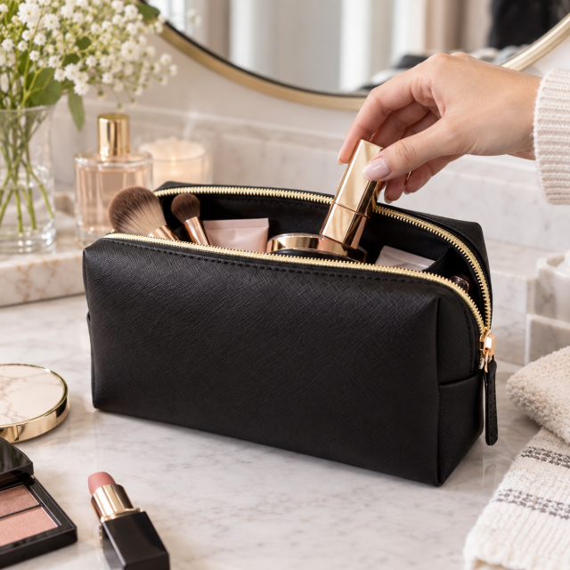 Water-Resistant Leather Cosmetic Travel Bag