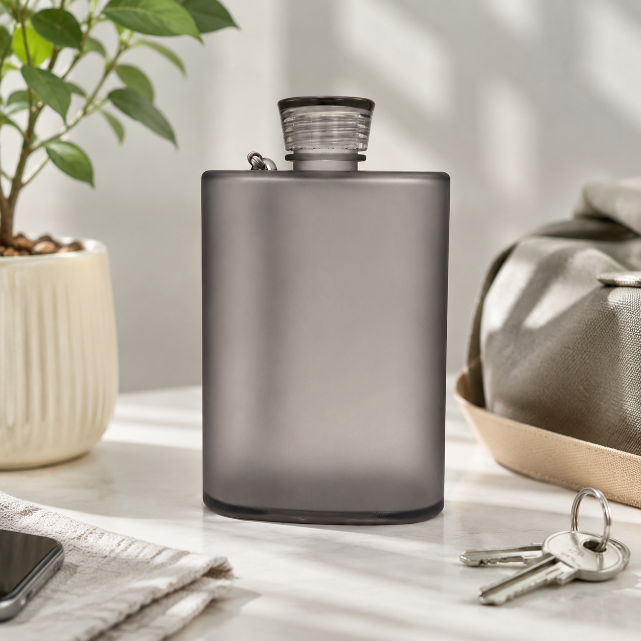 13.5 Oz Slim Flat Travel Water Bottle With Carry Strap