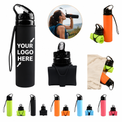 20 Oz Collapsible Silicone Sports Bottle With Carry Strap