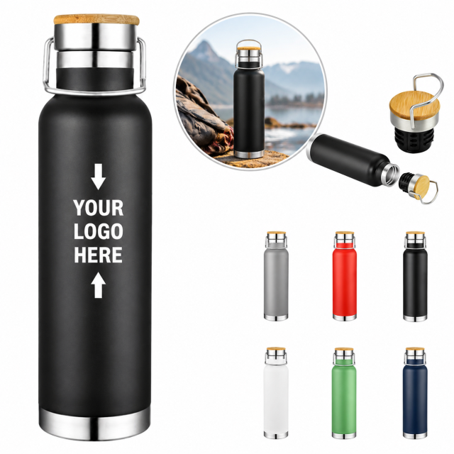 22 Oz Double-Wall Vacuum Stainless Steel Bottle With Bamboo Lid