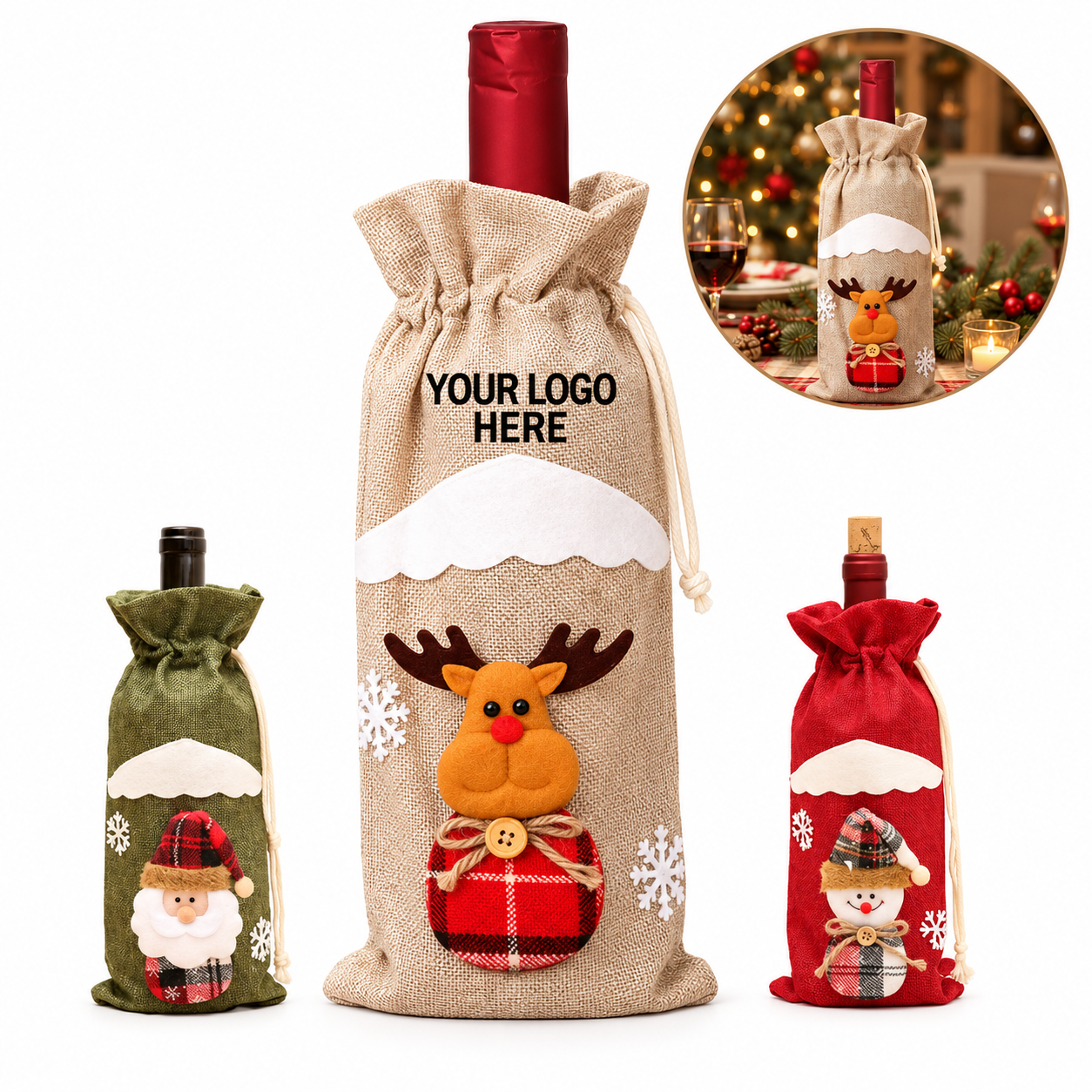 Festive Burlap Drawstring Bottle Gift Bag