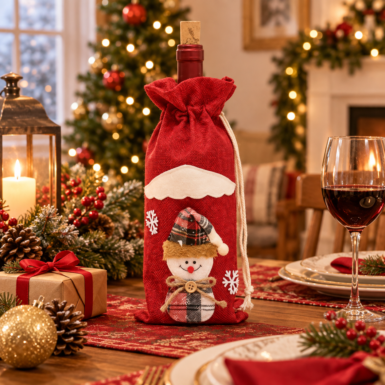 Festive Burlap Drawstring Bottle Gift Bag