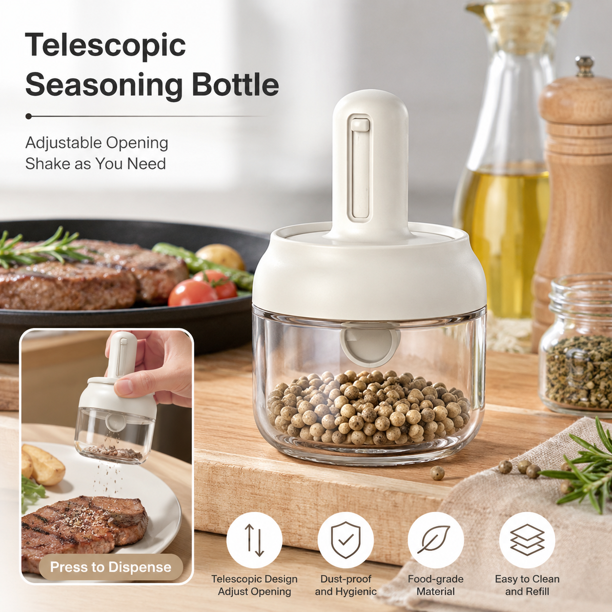 Telescopic Glass Seasoning Jar With Built-In Spoon
