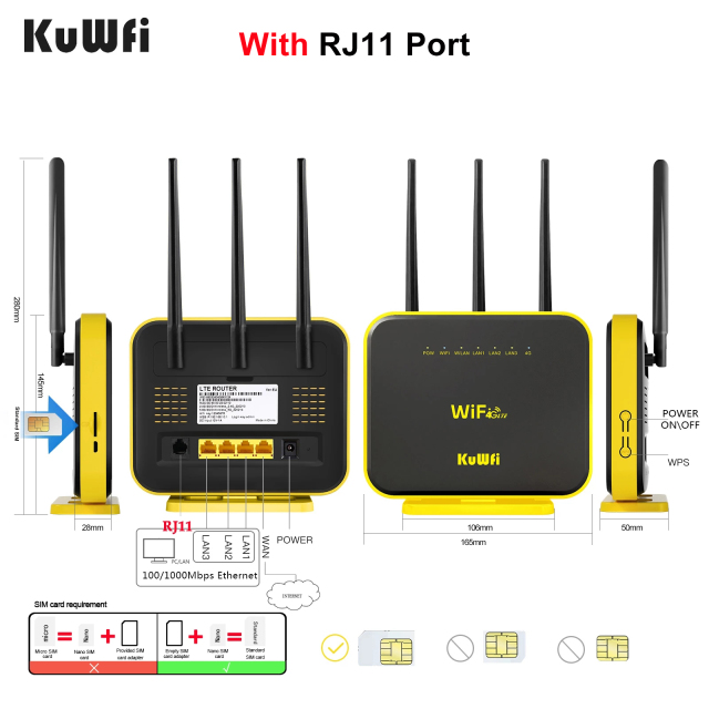 KuWFi Gigabit 4G WIFI Router Dual Band 64 User With Gigabit WAN/LAN RJ11 Port