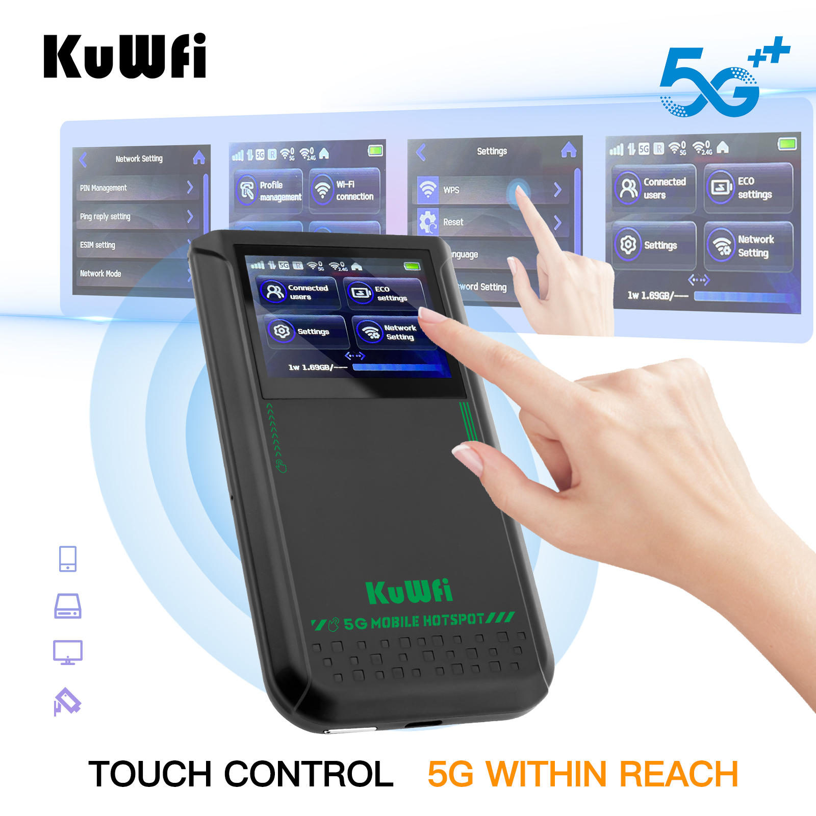 Touchable screen KuWFi eSim 5g router 4500mah battery 5g cpe wireless router 128 users mobile 5g router with sim card slot