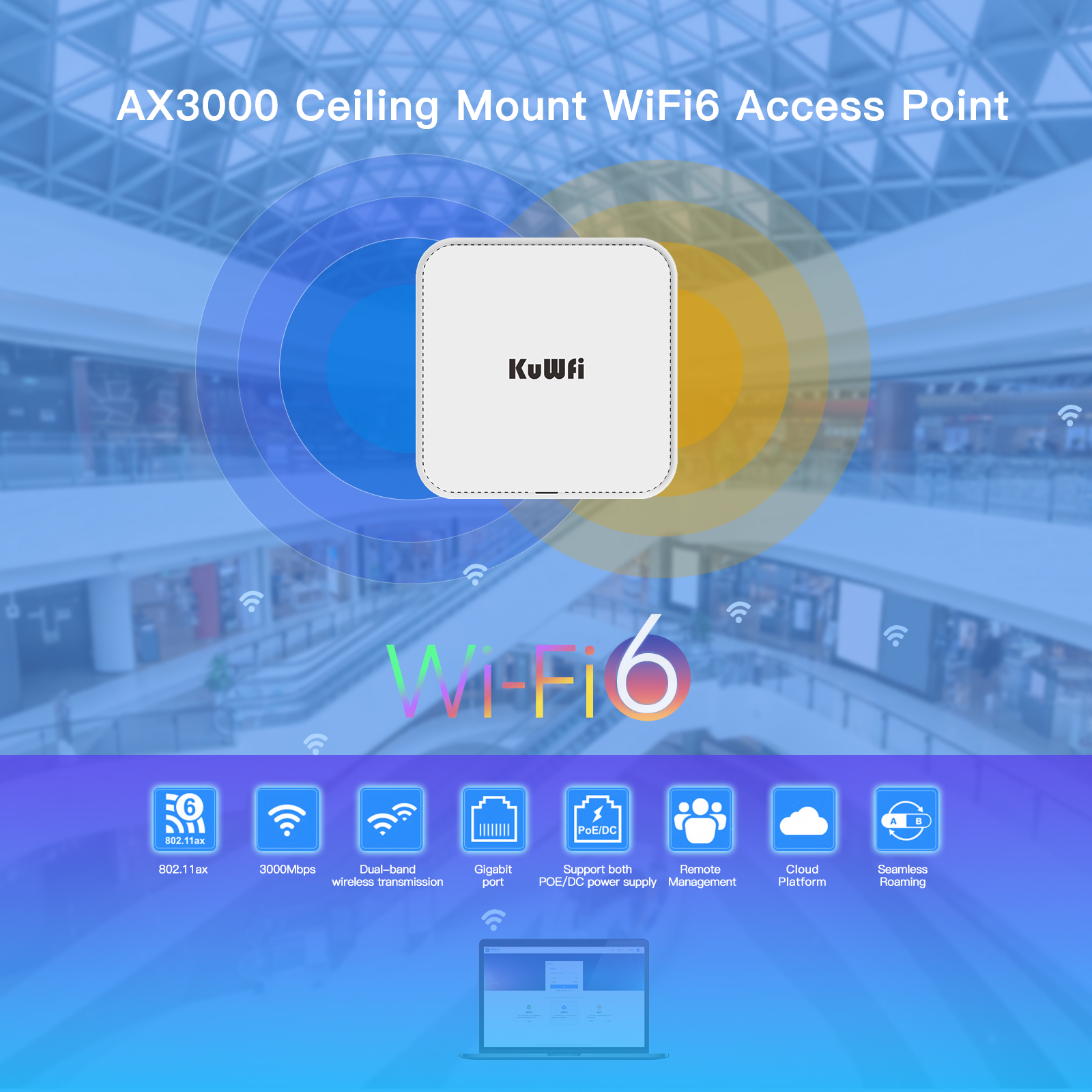 KuWFi Dual Band 2.4G 5.8G 3000Mbps Gigabit Wifi Ceiling ap Wireless Ceilling ap for Indoor Use