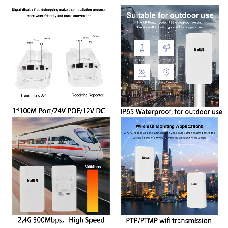 KuWFi 1km 2.4G Full Band Wifi Distance ip65 Point to Multipoint Wireless Elevator Bridge For wifi transmission