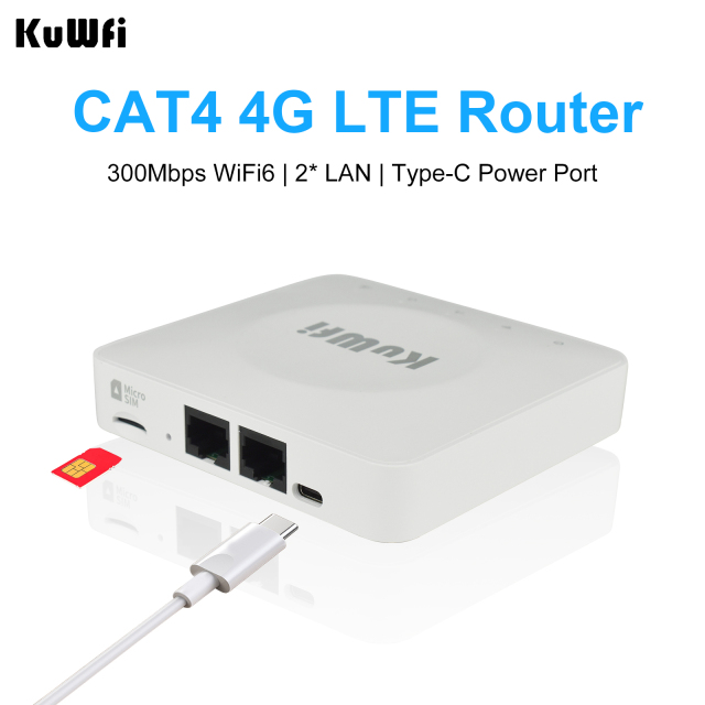 KuWFi 300Mbps 2.4G Hotspot Wi-fi6 32users LAN Port Pocket Mobile 4G+ Wifi Lte Router for RV Park