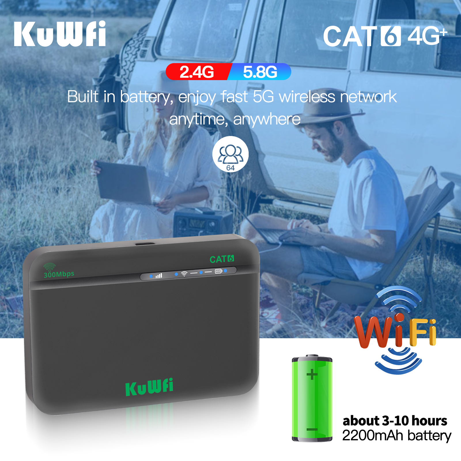 KuWFi 1200Mbps dual band Unlock Wifi Hotspot 64users Outdoor Mini 4G+ Wireless Lte Cat6 Router for Rv Camping Use