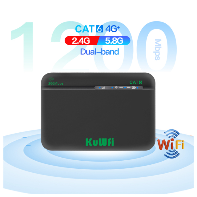 KuWFi 1200Mbps dual band Unlock Wifi Hotspot 64users Outdoor Mini 4G+ Wireless Lte Cat6 Router for Rv Camping Use