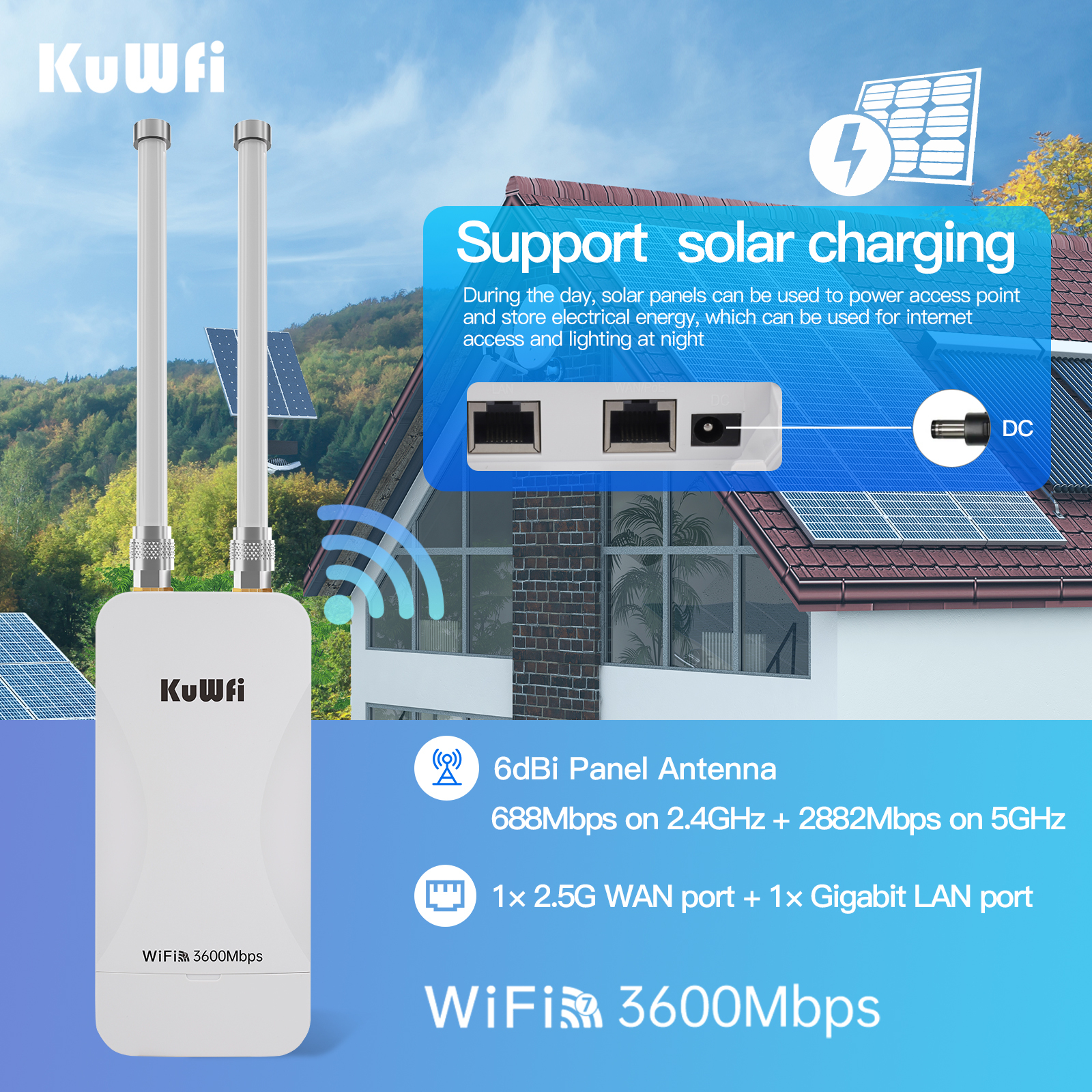 KuWFi WiFi7 3600Mbps Solar Powered 2.5G Port Community wifi 48V POE waterproof Outdoor Access Point