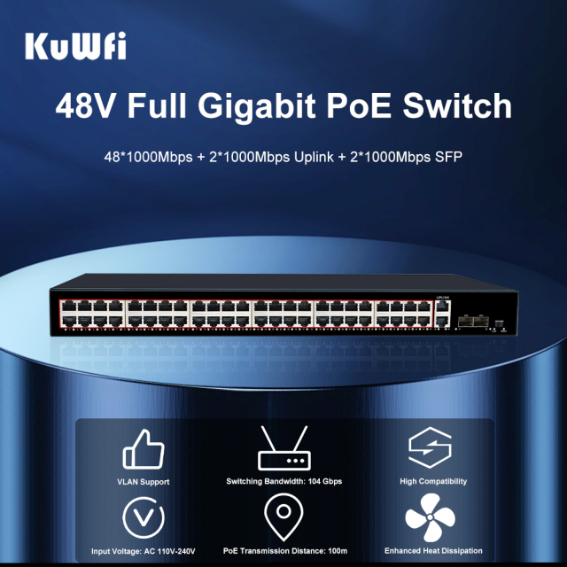 KuWFi 48 Port Poe104Gbps VLAN High Density Full Gigabit Industrial-Grade Lightning Uplink SFP 48v Poe Switch