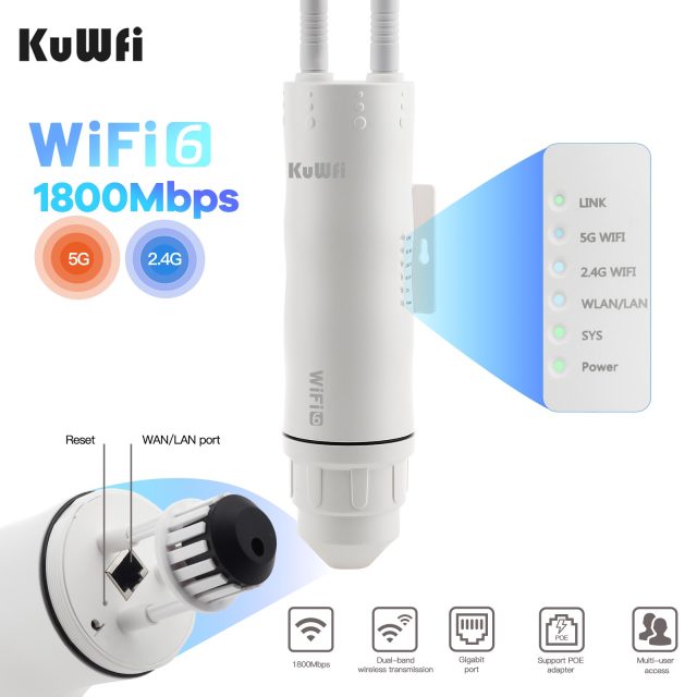 KuWFi 2.4G&5.8GHz PA+LAN1800Mbps Wifi6 Extender Mesh Repeater Gigabit 48V Solar IP65 Long Range Outdoor Access Point