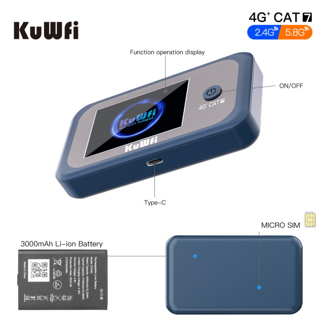 KuWFi CAT7 1200Mbps Dual Band Global Band Travel Hotspot Pocket 4g+ Mobile Sim Card Lte Router