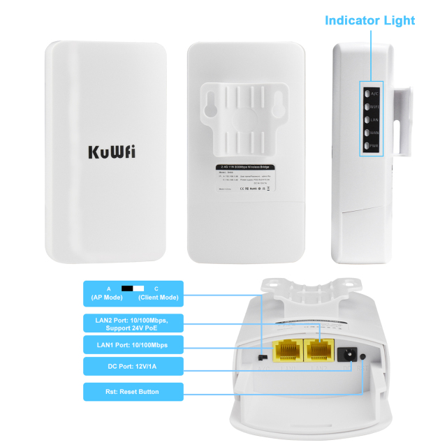 KuWFi 1KM PTP Long Range 2.4GIp65 Waterproof Repeater Outdoor Point to Point Wireless CPE Bridge