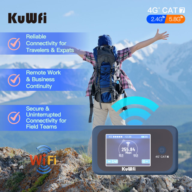 KuWFi CAT7 1200Mbps Dual Band Global Band Travel Hotspot Pocket 4g+ Mobile Sim Card Lte Router