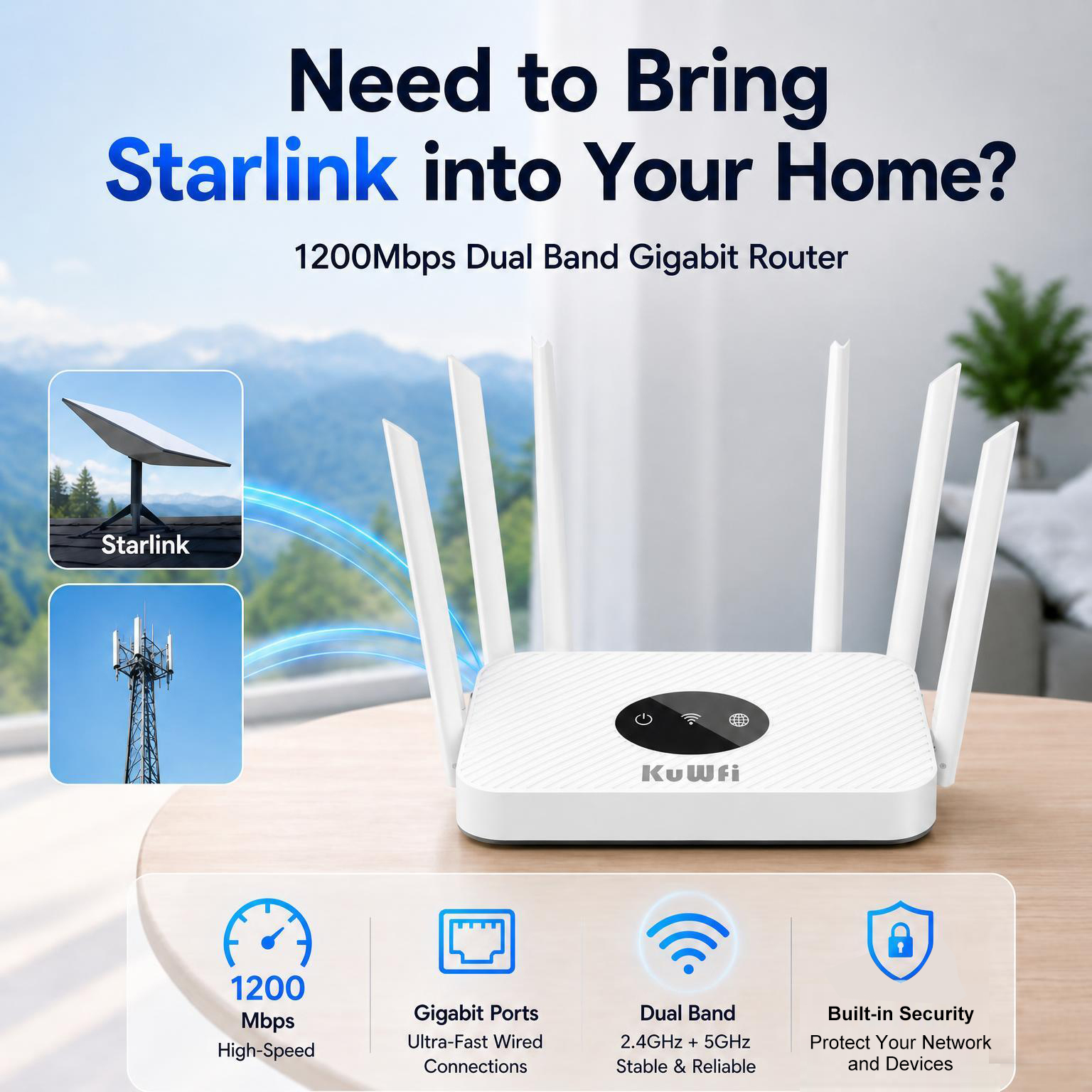 KuWFi 1200Mbps Dual Band 6High-Gain Antennas AP Repeater Parental Control Remote Gigabit Router for Small Office