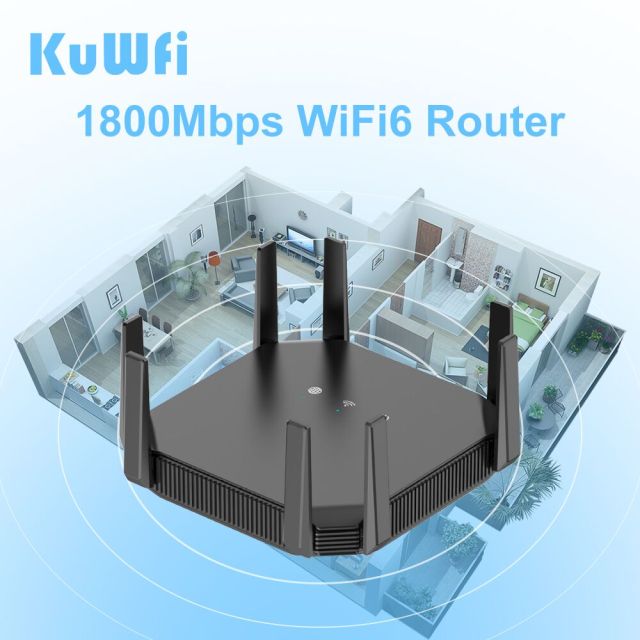 KuWFi 1800Mbps WiFi6 Dual Band Gigabit Router 8 Antennas High Speed Low Latency WiFi6 Router for IPTV Home