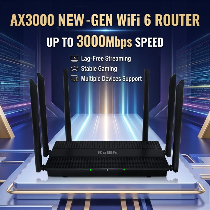 KuWFi 3000Mbps Dual Band DHCP Server WiFi6 6*5dBi Antennas Home Office Network Wireless Router with 4+1 Gigabit Port