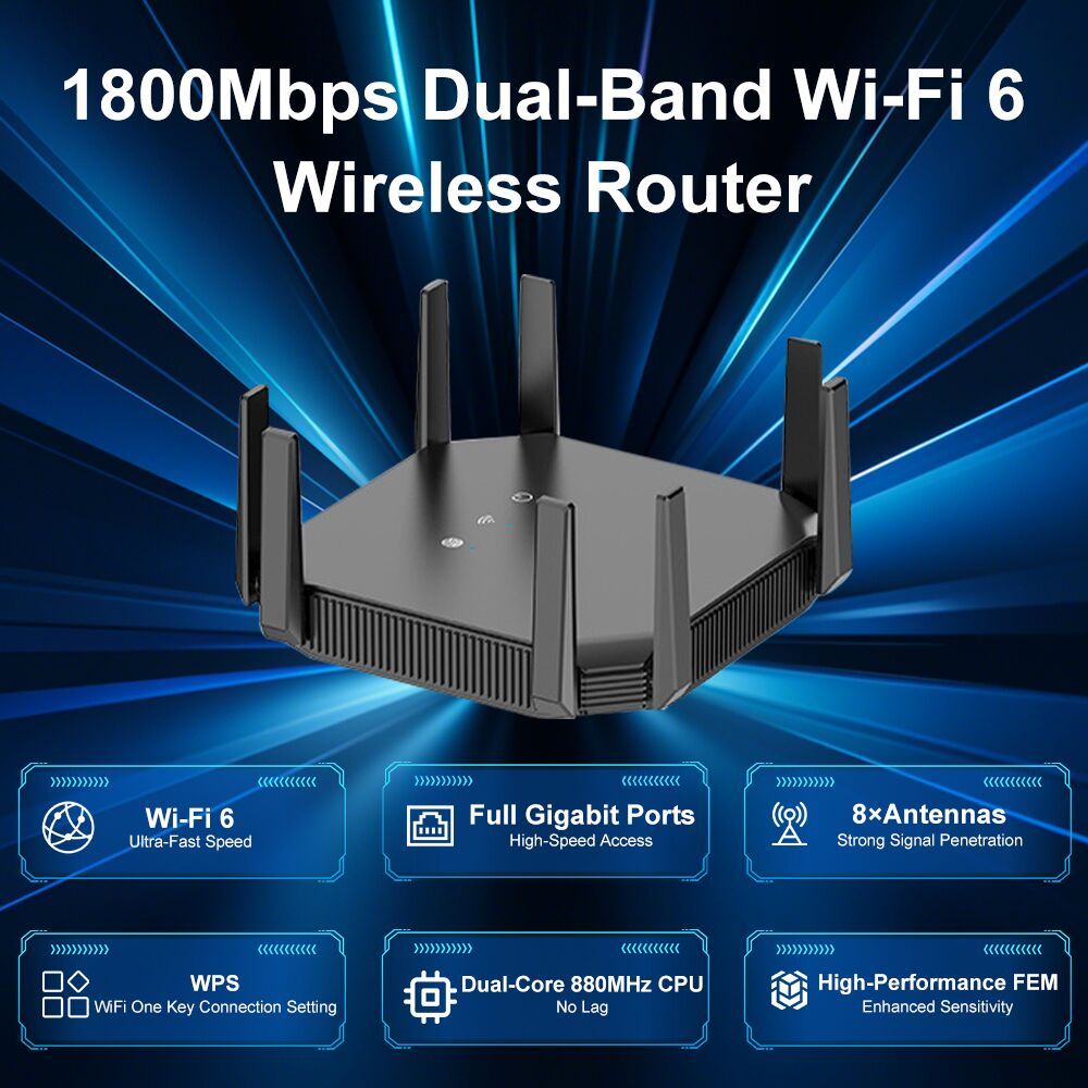 KuWFi 1800Mbps WiFi6 Dual Band Gigabit Router 8 Antennas High Speed Low Latency WiFi6 Router for IPTV Home