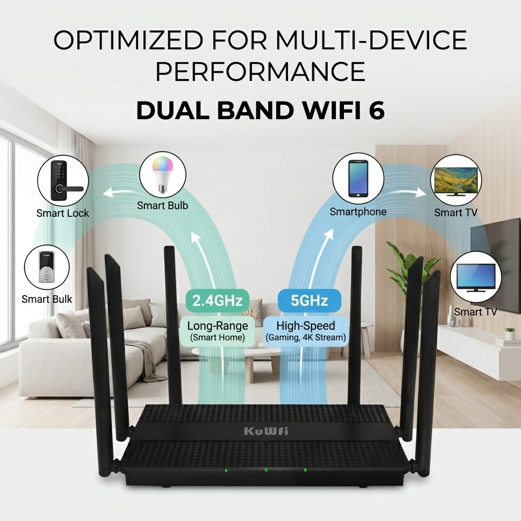 KuWFi 3000Mbps Dual Band DHCP Server WiFi6 6*5dBi Antennas Home Office Network Wireless Router with 4+1 Gigabit Port