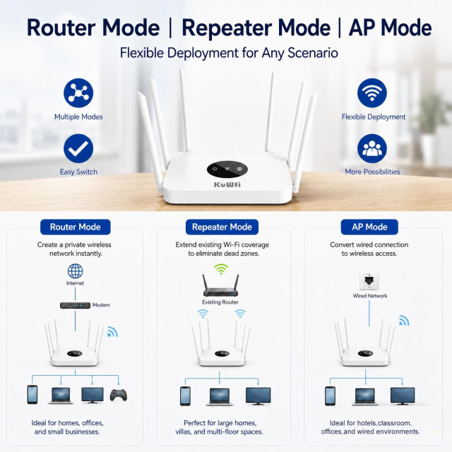 KuWFi 1200Mbps Dual Band 6High-Gain Antennas AP Repeater Parental Control Remote Gigabit Router for Small Office