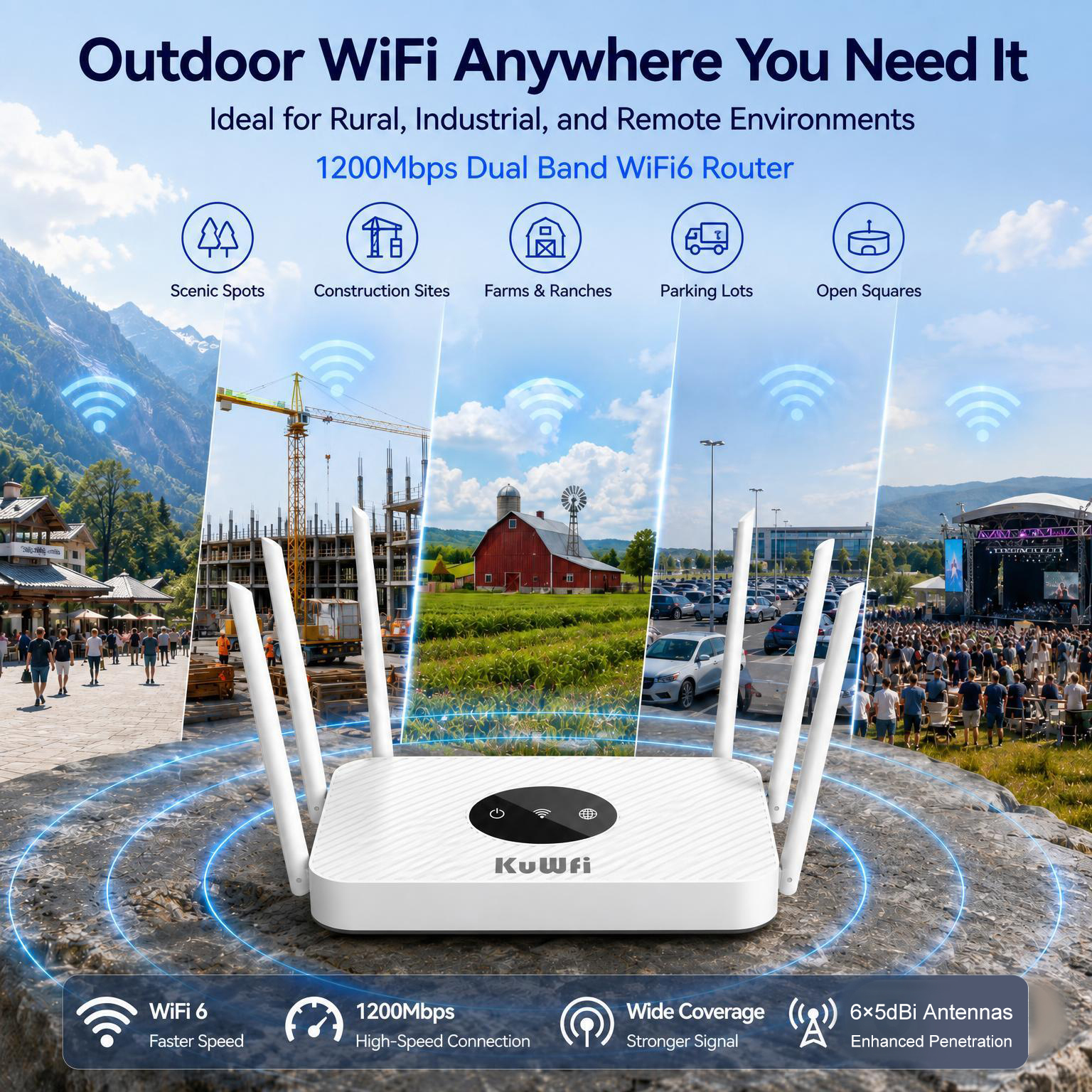 KuWFi 1200Mbps Dual Band 6High-Gain Antennas AP Repeater Parental Control Remote Gigabit Router for Small Office