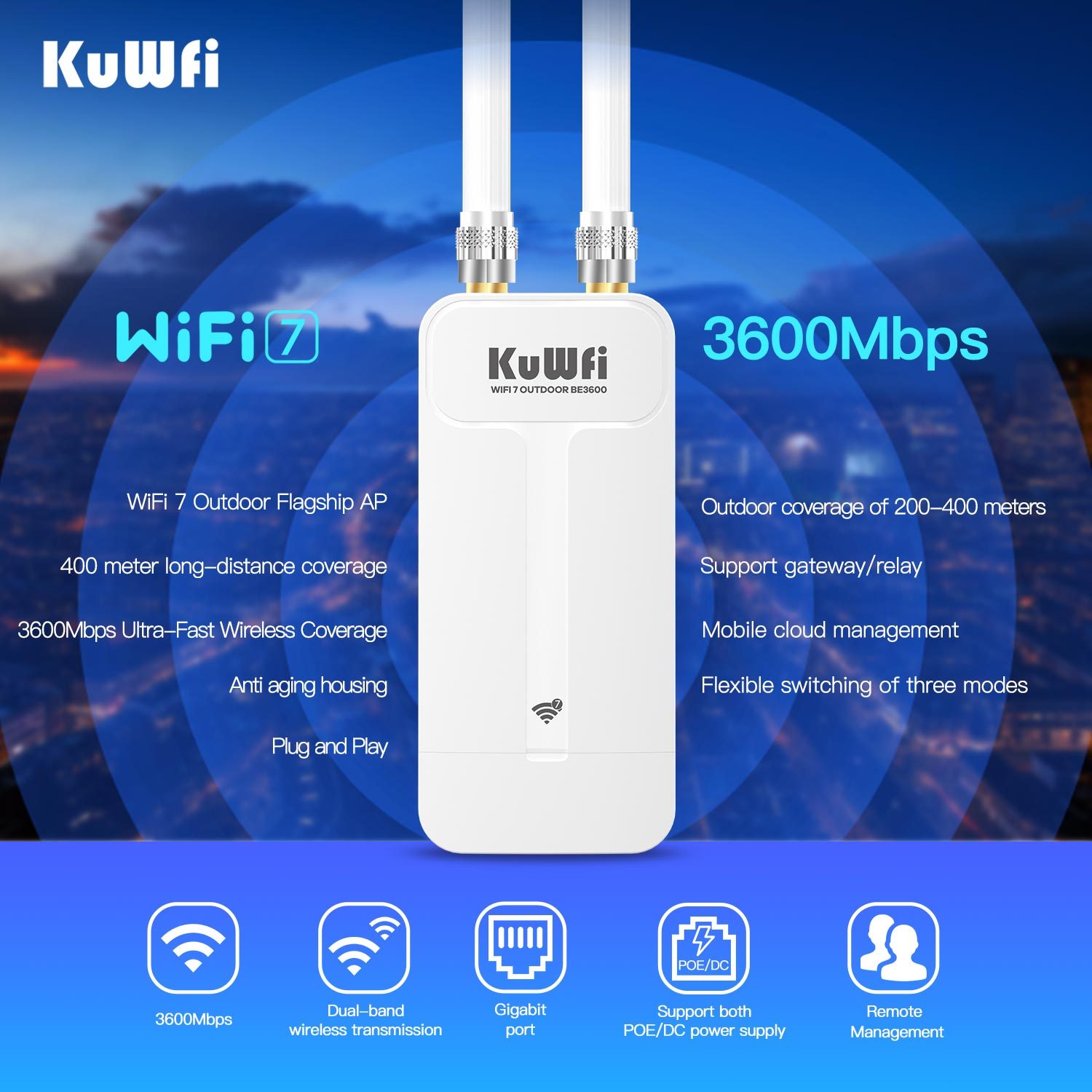 KuWFi WiFi7 3600Mbps Dual Band 128users 2.5G PoE 400meters IP65 Waterproof Solar Outdoor ap for Campus Wifi