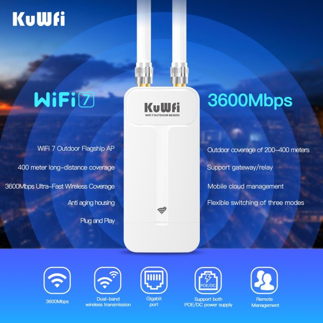 KuWFi WiFi7 3600Mbps Dual Band 128users 2.5G PoE 400meters IP65 Waterproof Solar Outdoor ap for Campus Wifi