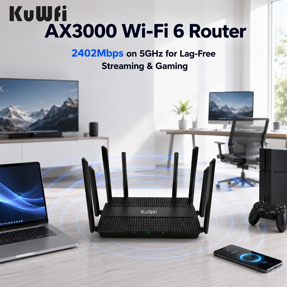 KuWFi 3000Mbps Dual Band DHCP Server WiFi6 6*5dBi Antennas Home Office Network Wireless Router with 4+1 Gigabit Port