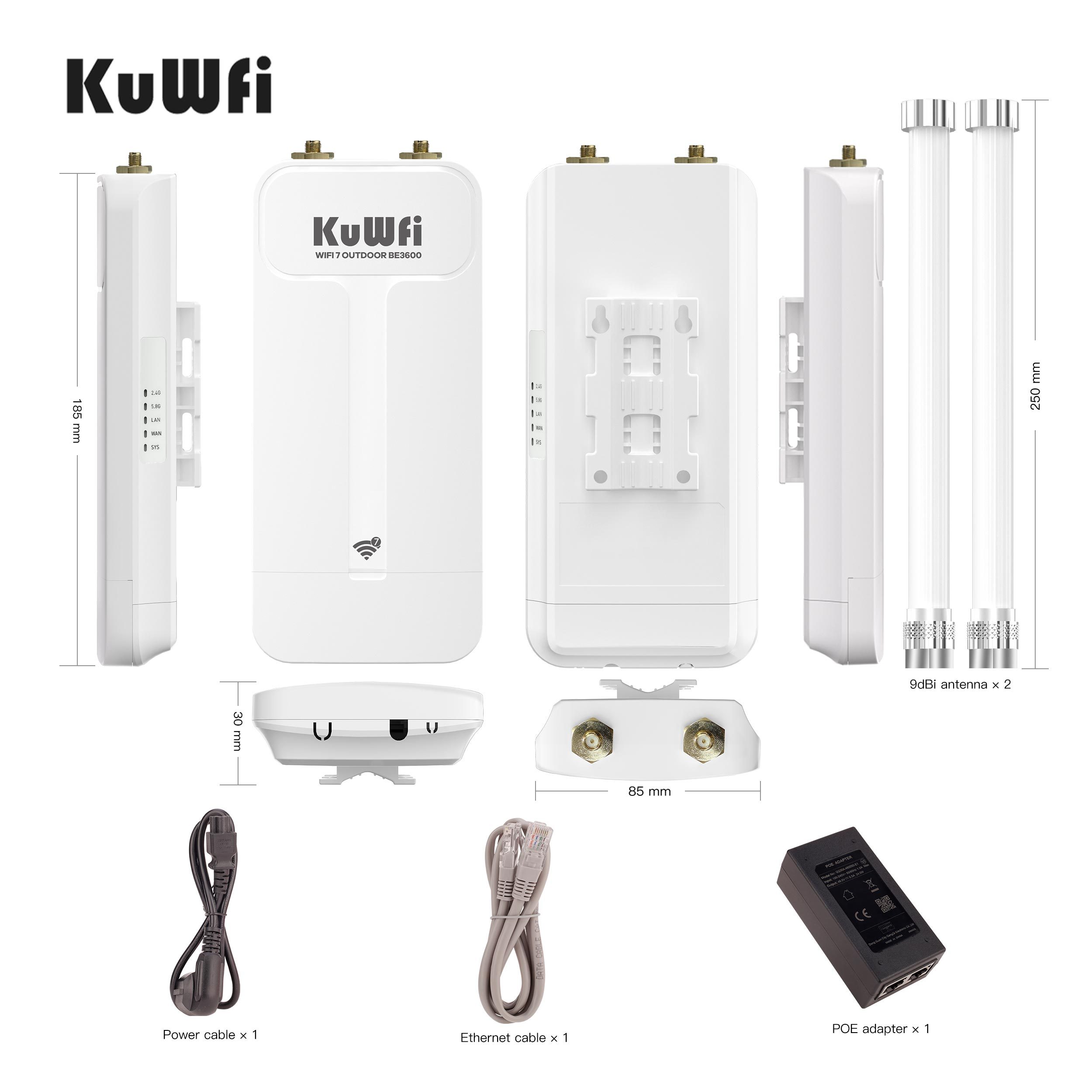 KuWFi WiFi7 3600Mbps Dual Band 128users 2.5G PoE 400meters IP65 Waterproof Solar Outdoor ap for Campus Wifi