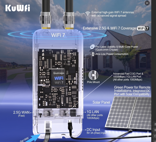 KuWFi WiFi7 Dual Band 800meters Wi-fi Zone 2.5G Port 12V DC Industrial Waterproof Outdoor Access Point for Park Wifi