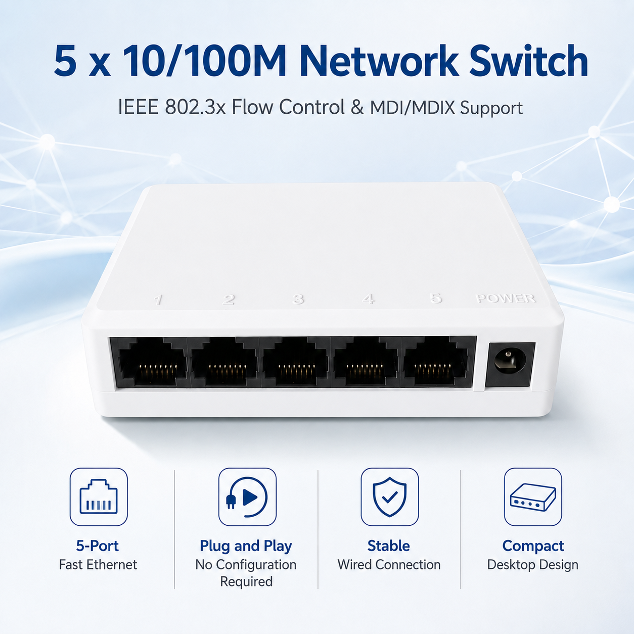 KuWFi 10/100Mbps Plug and Play 2k mac 5 Port 100Mps Network Switch for Home Network Solution