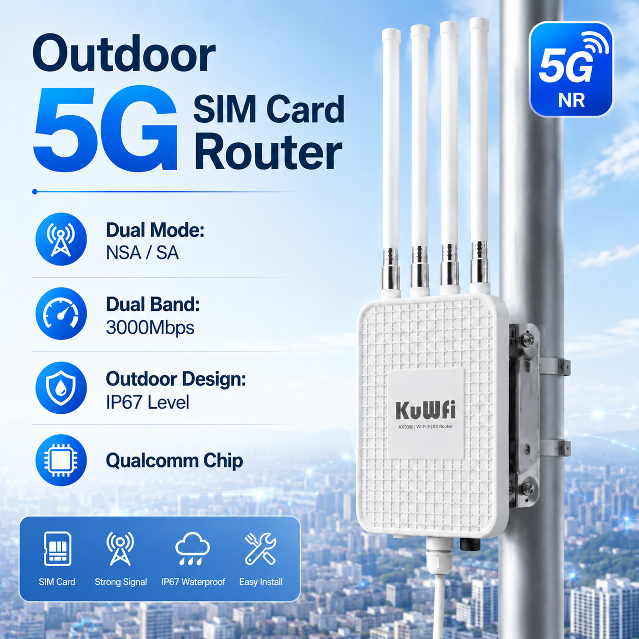 KuWFi 5G NR 3000Mbps WiFi6 Industrial 2.5G PoE 12V DC SA/NSA 5g Sim Card Router for wifi solution