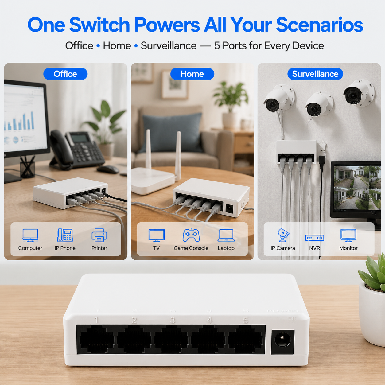 KuWFi 10/100Mbps Plug and Play 2k mac 5 Port 100Mps Network Switch for Home Network Solution
