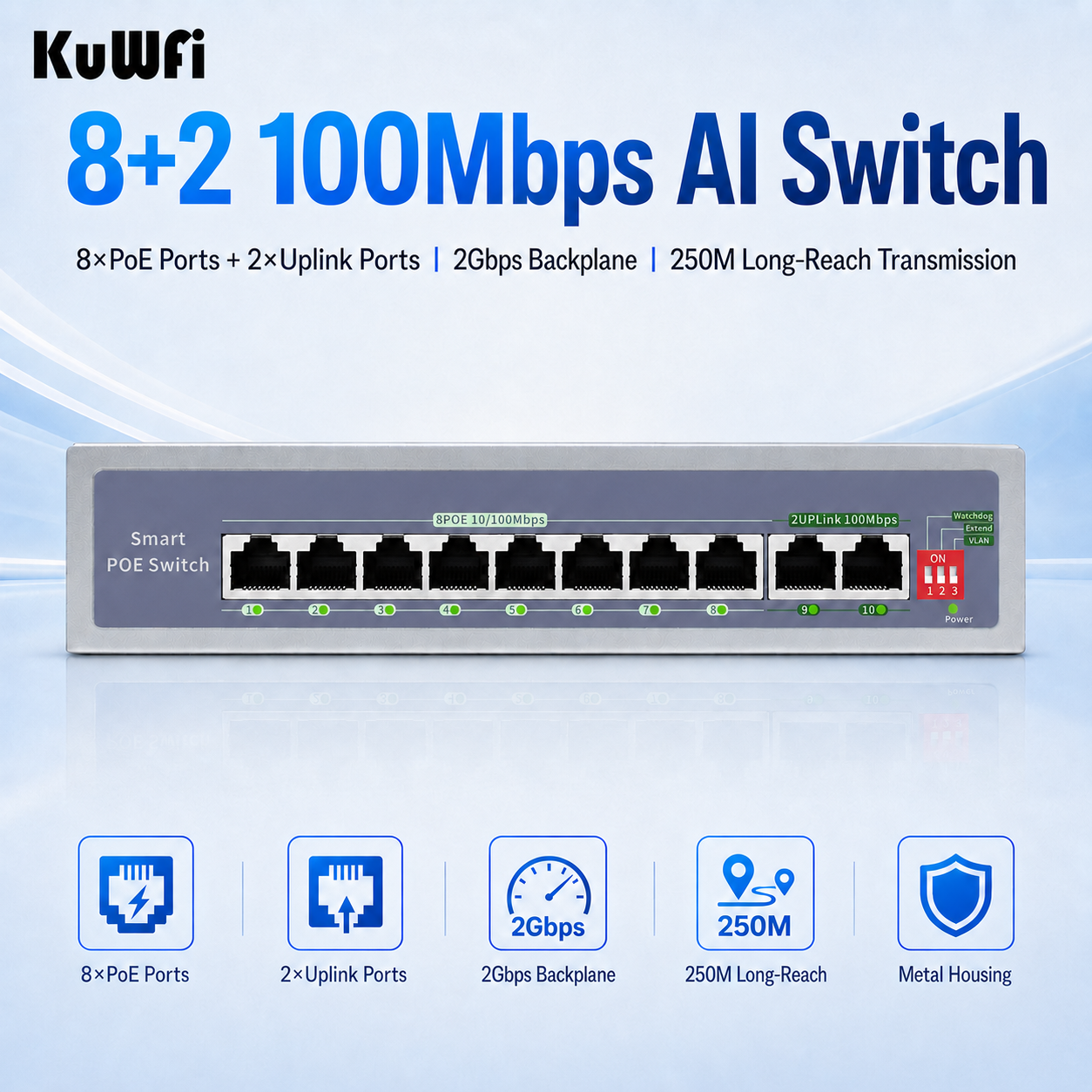 KuWFi AI Function 8+2Port Uplink 250meters Distance 2Gbps VLAN Extend Watchdog 10Port 100Mbps PoE Switch for Cctv Camera