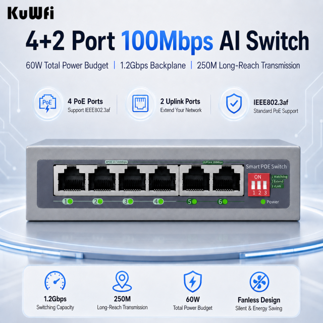KuWFi 4+2Port Uplink AI Function 250meters Distance VLAN Extend Watchdog 6Port 100Mbps PoE Switch for IP Camera Solution